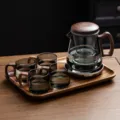 Ensemble théière en verre avec poignée en bois de noyer et quatre tasses assorties. - 400-600ml / Grand Gris Fumé + 4 Tasses + Plateau + Chauffe-tasse