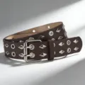 Brown leather double prong studded belt with eyelets, punk style fashion accessory for jeans. - Coffee