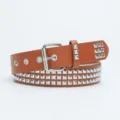 Trendy fashion leather belt with punk square metal rivet studs and pin buckle for jeans. - 105cm / Camel