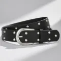 Black leather rivet belt with metal buckle, punk style wide waist strap for jeans. - Black