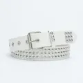 White studded punk belt with metal pin buckle and pyramid studs for stylish jeans outfits. - 105cm / White