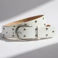 White leather wide belt for women with metal buckle and double row punk studs for jeans. - White