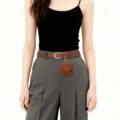 Stylish brown leather belt featuring a cute mini coin purse keychain, trendy accessory. - Camel