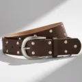 Brown women's wide leather belt with metal studs and silver buckle for jeans, punk style variant. - Coffee