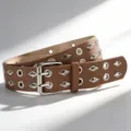 Brown punk wide leather belt with double grommets and diamond metal studs, stylish and cool. - Camel