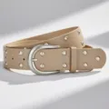 Women Wide Studded Rivet Leather Belt Fashion Casual Jeans Waistband Silver Buckle - Khaki