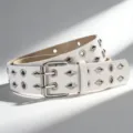 White punk style wide leather belt with double pin buckle and metallic studs for women - White