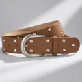 Womens wide brown leather belt with metal studs punk style fashion waist belt for jeans - Camel