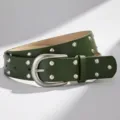 Women's dark green wide leather belt featuring double row silver studs and retro metal buckle. - Army Green
