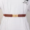 Detailansicht eines eleganten Damen Elastik Taillengürtels mit goldener Metallschließe für Kleider. - Viereckige Schnalle / Camel