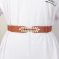 Damen brauner elastischer Taillengürtel goldener Blatt Schnalle Kleid Mode Accessoire - Blatt-Schnalle / Camel