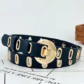 Damen mode schwarzer ledergürtel mit goldenen metallösen und einzigartiger mond metallschließe. - 105cm / Schwarz
