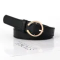 Schicker schwarzer Damenledergürtel mit elegantem runden Metallverschluss in glänzender Goldfarbe. - 105cm / Schwarz