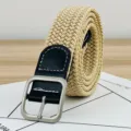 Unisex geflochtener elastischer Gürtel mit schwarzem PU Leder und Metallschnalle, Freizeitmode. - Länge 95cm Breite 2.8cm / Beige