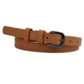 Damen schmaler brauner Ledergürtel mit Metall-Dornschnalle und Doppelschlaufen, modisches Accessoire. - Camel