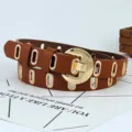 Brauner Damenlederguertel mit goldenen Metalloesen und Schnalle stilvolles Accessoire - 105cm / Camel