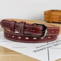 Bordeauxroter PU-Leder Aussparung Damen Gürtel mit Metall Dornschließe und Nähten. - Burgunderrot