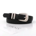Schwarzer PU Ledergürtel für Damen mit Silberschnalle und doppelten Schlaufen minimalistisch - Schwarz