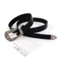 Damen Vintage PU Ledergürtel mit floralem Metallverschluss, stilvolles schwarzes Taillenzubehör. - 105cm / Schwarz