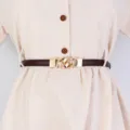 Ceinture fine et élégante pour femme avec boucle chaîne dorée marron foncé pour robe d'été - Style 1659 / 1,4 cm de large / Café