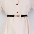 Women's black thin dress belt with stylish gold metal buckle, elegant waist accessory - Style 1658 / 1.4cm Wide / Black