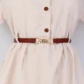 Women brown thin leather belt with gold metal buckle, stylish waist accessory for dresses. - Style 1658 / 1.4cm Wide / Camel