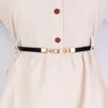 Black thin waist belt with gold pearl metal buckle for women dress fashion accessory variant - Style 1661 / 1.0cm Wide / Black