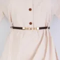 Femme mode fine ceinture en cuir avec élégante boucle perle métal pour robe pantalon quotidien - Style 1661 / 1,4 cm de large / Café