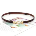 Ceinture fine en cuir pour femme marron foncé élégante boucle dorée mode accessoire quotidien - Style 1679 / 1,4 cm de large / Café