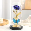 Rosa blu in foglia d'oro sotto cupola di vetro con luci LED regalo romantico perfetto - Rosa Farfalla Foglia d'Oro - Blu