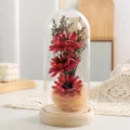 Fiori rossi stabilizzati in cupola di vetro con luci LED base in legno regalo romantico - Paralume Fiore di Sesamo - Rosa