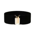Close-up details of the black elastic waist belt featuring a shiny gold metal hook buckle. - 75cm / Black
