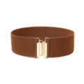 Detailed view of a brown elastic wide belt featuring a polished gold metal clasp for women. - 75cm / Camel