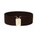 Detailed view of the women's brown wide elastic stretch belt with gold metal clasp. - 75cm / Coffee
