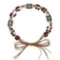 Γυναικεία πλεκτή ζώνη σχοινιού σε boho στιλ με ξύλινες χάντρες και μπλε μεταλλικές λεπτομέρειες. - Τετράγωνος Πολύτιμος Λίθος