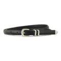 Women's black thin leather belt with silver metal buckle, minimalist design main product shot - Black