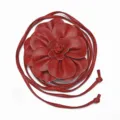 Red PU leather large camellia flower waist belt bohemian long tie dress decorative strap - Dark Red