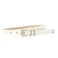 White thin leather belt for women featuring a sleek silver-toned buckle and tip, minimalist design. - White