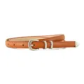Women's brown thin leather belt with silver buckle, casual versatile slim waist accessory. - Camel