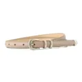 Slim women's leather belt in taupe with silver buckle, versatile minimalist design for daily wear. - Beige