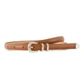 Women brown thin leather belt with silver buckle, elegant minimalist stylish waist strap. - Coffee