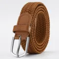 Brown elastic woven belt with silver metal buckle, versatile stylish casual accessory. - Camel