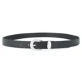 Women's black leather belt with silver metal buckle, stylish main product shot view. - Black