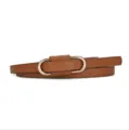 Women's thin brown leather belt with gold oval buckle, chic minimalist dress accessory. - Camel