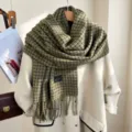 Cozy green brown plaid cashmere feel winter scarf thick warm shawl for women elegant wear. - Green Fine Plaid