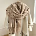 Cozy brown houndstooth winter scarf for women, thick cashmere-feel tassel shawl wrap - Khaki Fine Plaid
