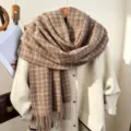 Thickened warm winter plaid scarf with fringe, stylish couple tassel shawl for cold weather. - Khaki (White Grid)