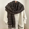Brown plaid scarf with tassels, thickened warm winter design, exquisite detail view for cold weather. - Brown (White Grid)