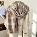 Winter warm thick brown plaid tassel scarf stylish cozy women fashion soft daily shawl - Beige Coffee Square Grid