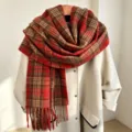 Cozy winter plaid scarf with fringe, thick warm tartan shawl for women and students. - Red Plaid